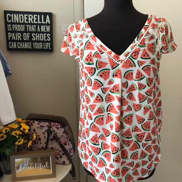 Anthropologie Watermelon Print Short Sleeve V-Neck Top - Coral, White, Green - Picture 2 of 5